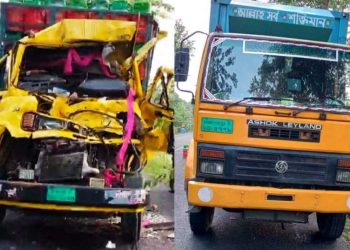 বাগেরহাট ফকিরহাটে কাভার্ডভ্যানের পেছনে ট্রাকের ধাক্কা, হেলপার নিহত।
