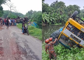 ফরিদপুর নগরকান্দায় সড়ক যেন মৃত্যুর ফাঁদ,পাট বোঝাই ট্রাক উল্টে খাদে ।
