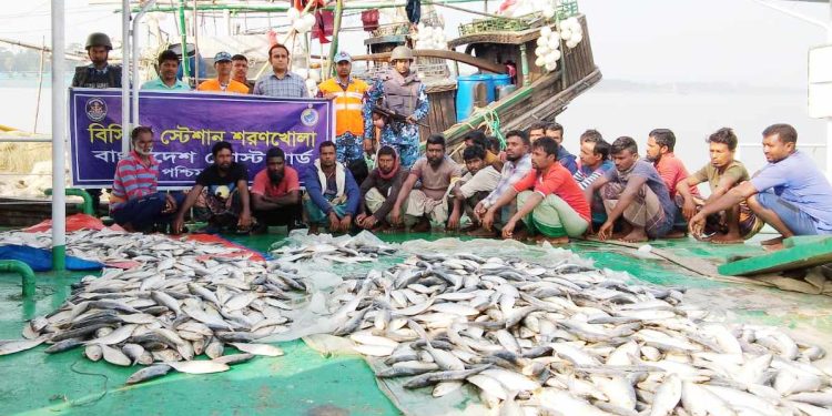 বাগেরহাটের মোরেলগঞ্জে সাড়ে ৪ কোটি টাকা মূল্যের জাটকা ও জালসহ ১০ জেলে আটক।