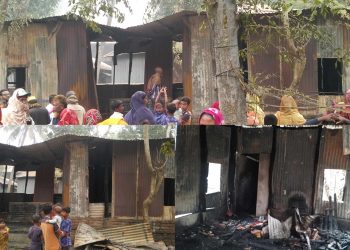 বেড়ায় আগুনের তীব্র লেলিহান শিখায় ঘরবাড়ি পুড়ে সর্বস্বান্ত বিধবা নারগিস।