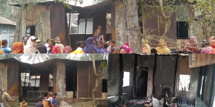 বেড়ায় আগুনের তীব্র লেলিহান শিখায় ঘরবাড়ি পুড়ে সর্বস্বান্ত বিধবা নারগিস।