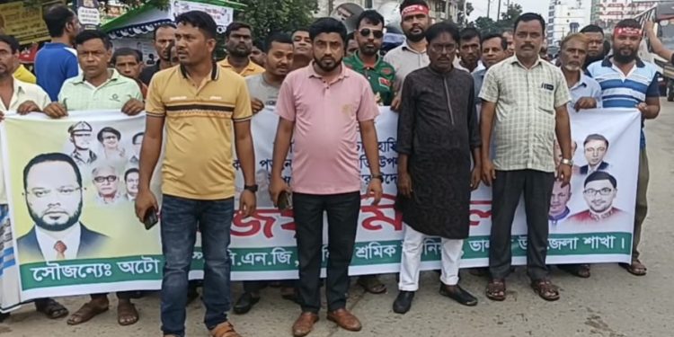 ভালুকায় উপজেলা বিএনপির অটো টেম্পু সিএনজি শ্রমিক ইউনিয়নের বিশাল মিছিল।