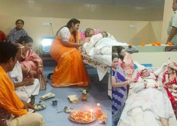 মানিকগঞ্জে হাত-পায়ে ব্যান্ডেজ বেঁধেই হাসপাতালে বিয়ে।