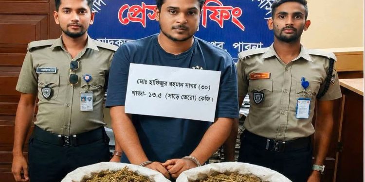 পাবনায় সাড়ে ১৩ কেজি গাঁজাসহ গ্রেফতার ১, মামলা দায়ের।
