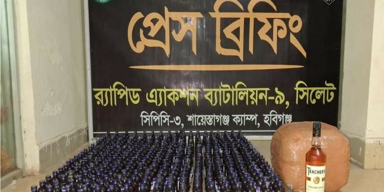 মাধবপুরে ৩শ ৬১ বোতল এসকাফ সিরাপ,  ৬ কেজি গাঁজা ও বিদেশি মদ উদ্ধার।