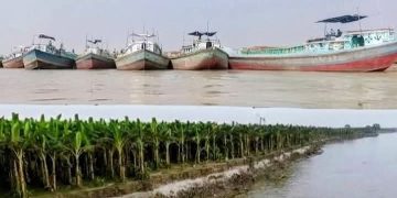 পাবনার ভাঁড়ারায় চায়না কাটার দিয়ে অবাধে বালু উত্তোলন: ভাঙনে বিলীন ফসলি জমি, নেপথ্যে শক্তিশালী সিন্ডিকেট।
