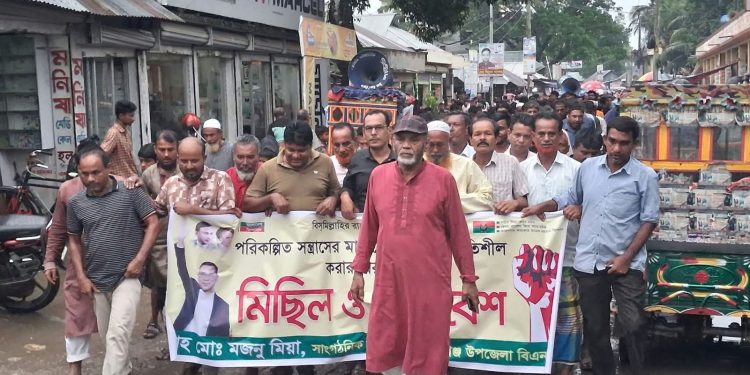 তেঘরিয়া বাজারে বীরমুক্তিযোদ্ধা শাহ্ মোঃ মজনু ফকিরের নেতৃত্বে বিক্ষোভ মিছিল ও সমাবেশ।